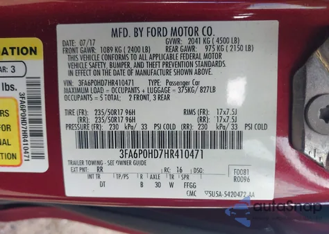 2017 Ford Fusion Se из США, поврежденный, VIN 3FA6P0HD7HR410471